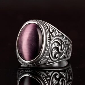 Gerçek Doğal Ametist Kedi Gözlü Taş Yüzük - 925 Ayar Gümüş Erkek Yüzük - Koruyucu ve Sezgisel Tasarım - Görsel 4