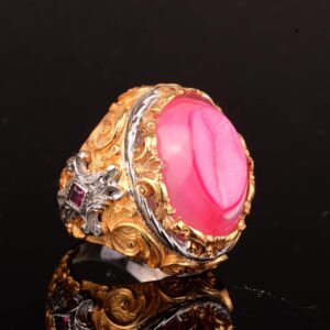 Gümüş Erkek Altın Kaplama Yüzük, Gerçek Kristal Druzy Kuvars Pembe Doğal Taş - Görsel 7