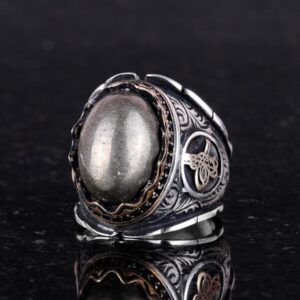 925 Ayar Katı Gümüş Erkek Yüzük, Gerçek Doğal Pirit Taşı Yüzük, Osmanlı Tugra Yüzüğü, Refah Manifestasyonu Tasarımı - Görsel 3
