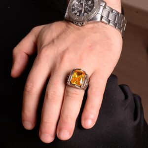 925 Ayar Gümüş Erkek Yüzük, Oval Taş Yüzük, Oluşturulmuş Sitrin Yüzük - Görsel 3