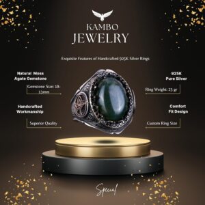 925 Ayar Katı Gümüş Erkek Yüzük - Doğal Yosunlu Akik Taşı ile El Yapımı Şıklık - Görsel 2