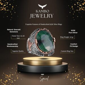 İslami Gümüş Yüzük, Doğal Zümrüt Taşlı Yüzük, 925 Ayar Tam Gümüş Erkek Yüzüğü - Görsel 2