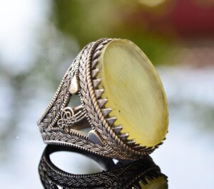 Doğal Ham Kehribar Taşlı Osmanlı Gümüş Yüzük - Gerçek 925 Erkek Yüzüğü - Görsel 4