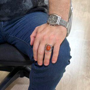 Doğal Kırmızı Kan Taşı Yüzük, 925 Ayar Sert Gümüş Yüzük, Tasarım Gümüş Erkek Yüzüğü - Görsel 3