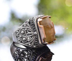 Sarı Safir Yüzük, Gümüş Sarı Safir Yüzük, 925 Ayar Gümüş Erkek Yüzük, Büyük Yüzük - Görsel 3