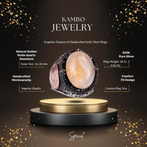 Davud Yıldızı Yüzüğü, Gerçek Doğal Cabochon Altın Rutilli Kuvars Taş Yüzüğü - 925K Katı Gümüş Erkek Yüzüğü - Görsel 2