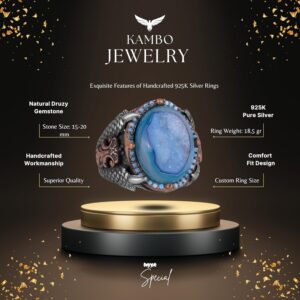 Eşsiz Doğal Druzy Kuvars ile 925 Ayar Gümüş Yüzük: Mavi, Lacivert, - Görsel 2