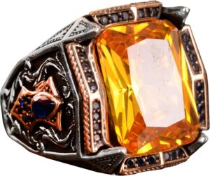 925 Ayar Gümüş Erkek Yüzük, Oval Taş Yüzük, Oluşturulmuş Sitrin Yüzük - Görsel 1