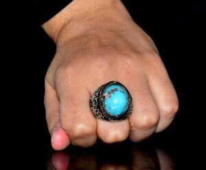 Erkekler için Sterling Gümüş Yüzük - Doğal Arizona Turkuaz Taşı ile Altın Aksan - Görsel 7