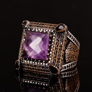 Gerçek Doğal Ametist Yüzük, 925 Ayar Gümüş Yüzük Erkekler İçin, El Yapımı Doğal Taş Yüzük - Görsel 4