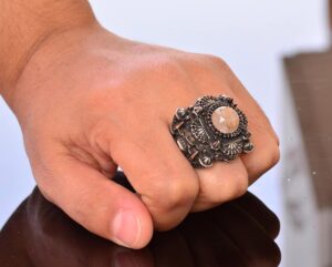 Gerçek Doğal Rutil Altın Kuvars Taşı Yüzük, İslam Yüzüğü, 925 Ayar Gümüş Yüzük, Camii Nakışlı 3D Tasarım - Görsel 7