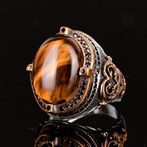 Kaplan Gözü Doğal Taş Yüzük - 925 Ayar Gümüş El Yapımı Erkek Yüzük - Güç ve Cesaret Tasarımı - Görsel 5