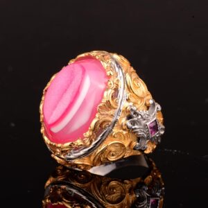 Gümüş Erkek Altın Kaplama Yüzük, Gerçek Kristal Druzy Kuvars Pembe Doğal Taş - Görsel 3