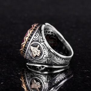 Osmanlı Tuğra Cabochon Doğal Yakut Taş Yüzük, 925 Ayar Gümüş Yüzük Erkekler İçin, Farklı Yüzük - Görsel 5