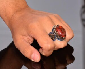 El Yapımı 925 Ayar Gümüş Erkek Yüzük, Gerçek Kan Taşı Yüzük, Aslan Tasarımı, Altın Kaplama Doğum Taşı Yüzüğü (Kan Taşı) - Görsel 7