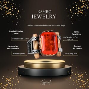 Turuncu Paraiba Yapay Taşı Yüzük - 925 Ayar Gümüş El Yapımı Yüzük - Görsel 2