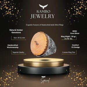 Gerçek Doğal Kehribar Taşlı Yüzük, 925 Ayar Gümüş Yüzük, Büyük Gümüş Yüzük - Görsel 2