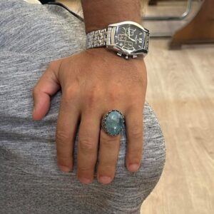 Gerçek Doğal Taş Akuamarin Yüzük - Gül Desenli Yüzük - 925 Ayar Gümüş Yüzük - El Yapımı Büyük Yüzük - Görsel 3