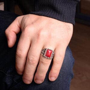 925 Ayar Gümüş Erkek Yüzük Doğal Yakut Taşı - Şık Kırmızı Taş Yüzük - Görsel 5