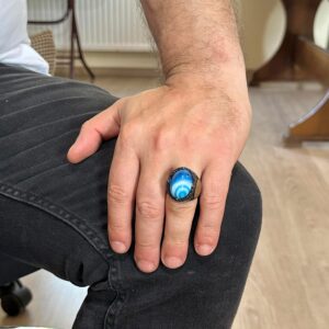 Doğal Mavi Akik Taşı Yüzük, Davud Yıldızı Yüzüğü - 925 Ayar Gümüş Erkek Yüzüğü, Gümüş Süleyman Mührü Yüzüğü - Görsel 3