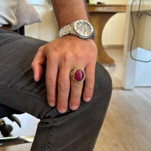 Gerçek Doğal Taş Yüzük - Erkekler İçin Sultan Yüzüğü - Altın Kaplama 925 Ayar Gümüş Yüzük - El Yapımı Yüzük (Yakut) - Görsel 3