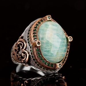 Gerçek Doğal Amazonit Taş Yüzük, Erkek Yüzüğü, 925 Ayar Gümüş Yüzük, El Yapımı Yüzük - Görsel 4