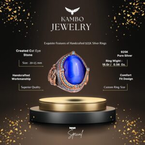 925 Ayar Gümüş Erkek Yüzük, Oluşturulmuş Mavi Kedi Göz Taşı, El Yapımı Vintage Tasarım İfadeli Yüzük - Görsel 3