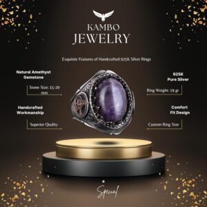 925 Ayar Katı Gümüş Erkek Yüzük Doğal Taşlarla - El Yapımı Şıklık (Ametist Taşı) - Görsel 2