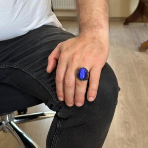 Davud Yıldızı Gümüş Yüzük, Lacivert Kedi Gözü Yapay Taş, 925 Ayar Gümüş Süleyman Yüzüğü - Görsel 3