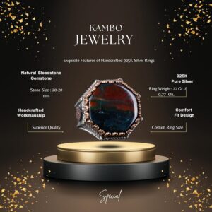 Gerçek Doğal Taş Yüzük - Sekizgen Tasarım - El Yapımı 925 Ayar Gümüş Takı (Yeşil Kan Taşı) - Görsel 2