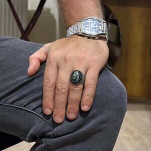 Gerçek Doğal Yeşil Göz Taşı Yüzük - El Yapımı 925 Ayar Gümüş Erkek Takısı - Görsel 3