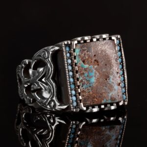 Dikdörtgen Sterlin Gümüş Yüzük, 925 Doğal Arizona Turkuaz Taş Yüzük (Stil-3) - Görsel 7