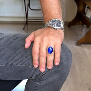 Yapay Taş Yüzük - El Yapımı Erkek Yüzüğü - Şık 925 Ayar Gümüş Erkek Yüzüğü (Yapay Mavi Kedi Gözü) - Görsel 3