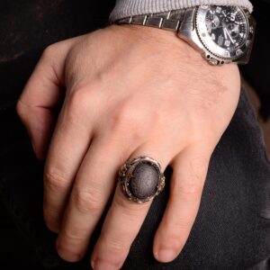 925 Ayar Gümüş Erkek Yüzük, Doğal Hematit Taşı, Vintage İslami Tevhid Tasarımı, Oymalı Hat Sanatı - Görsel 4