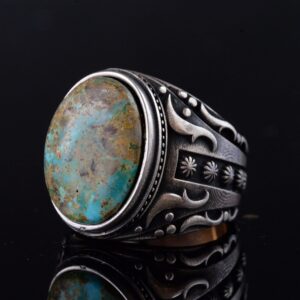 925 Ayar Gümüş Erkek Yüzük - Doğal Arizona Turkuaz Taşı - Vintage Tasarım El Yapımı Takı (Model-3) - Görsel 6