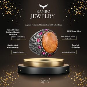 Doğal Altın Rutilat Kuvars ve Yakut Aksesuarlı - 925 Ayar Gümüş Erkek Yüzük - Görsel 2