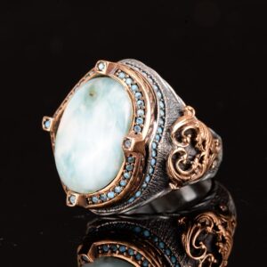 Gerçek Doğal Larimar Taşı Erkek Yüzük, Bizans Erkek Yüzüğü, 925 Ayar Gümüş Yüzük - Görsel 4