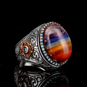 Doğal Gümüş Erkek Yüzük, Gökkuşağı Taşlı Yüzük, Çok Renkli Yüzük, 925 Ayar Gümüş Erkek Yüzük - Görsel 4