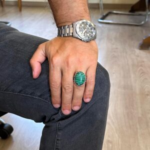 Gerçek Doğal Taş Yüzük - 925 Ayar Gümüş Büyük Yüzük - El Yapımı Yüzük (Malakit) - Görsel 3