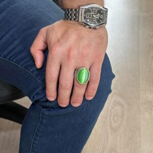 925 Ayar Gümüş Erkek Yüzük, Büyük Yüzük (Açık Yeşil Kedi Gözü Taş) - Görsel 3