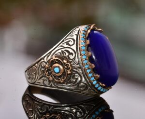 Sterling Gümüş Erkek Kral Yüzük - Yapay Mavi Göz Taşı - Görsel 4