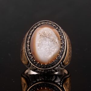 Gerçek Doğal Druzy Kuvars Taşı Yüzük, İslami Yüzük, Sterlin Gümüş Yüzük - Görsel 3