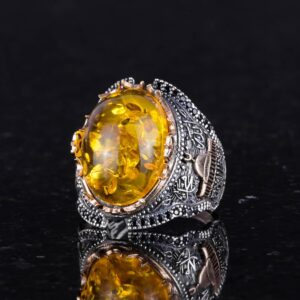 925 Ayar Gümüş Erkek Yüzük, Yapay Bal Amber Taşı Yüzük - Görsel 4