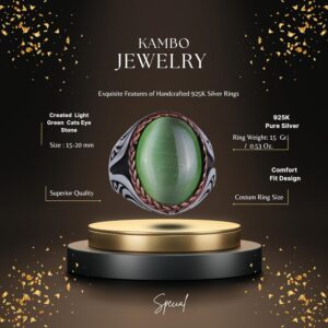 925 Ayar Gümüş Yüzük - Yapay Taş Gümüş Yüzük - El Yapımı Yüzük (Yapay açık yeşil kedigözü) - Görsel 2