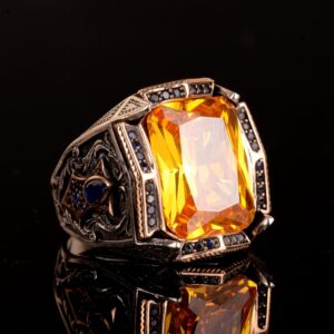 925 Ayar Gümüş Erkek Yüzük, Oval Taş Yüzük, Oluşturulmuş Sitrin Yüzük - Görsel 6