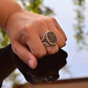 El Yapımı Gümüş Erkek Yüzük | Bronza Inlay ile Zarif Yazı | Cesur ve Şık İslami Yüzük - Görsel 7