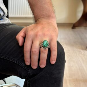 925 Ayar Katı Gümüş Erkek Yüzük, Doğal Malakit Taşı Yüzük, Aslan Başı Erkek Yüzük - Görsel 3