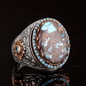 Erkekler için El Yapımı Doğal Arizona Turkuaz Taşı Yüzük, 925 Ayar Gümüş Yüzük, Sultan Yüzük (Stil-8) - Görsel 4