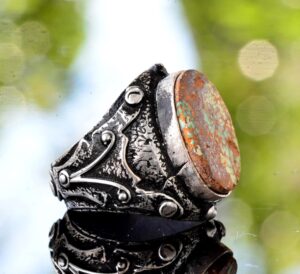 925 Ayar Gümüş Gerçek Arizona Turkuaz Taşlı Bizans Erkek Yüzüğü - El Yapımı Takı - Görsel 4