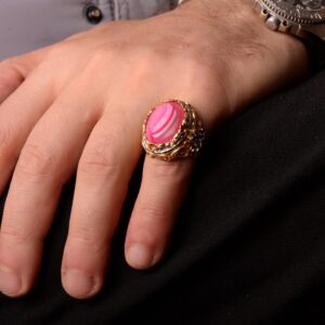 Gümüş Erkek Altın Kaplama Yüzük, Gerçek Kristal Druzy Kuvars Pembe Doğal Taş - Görsel 6